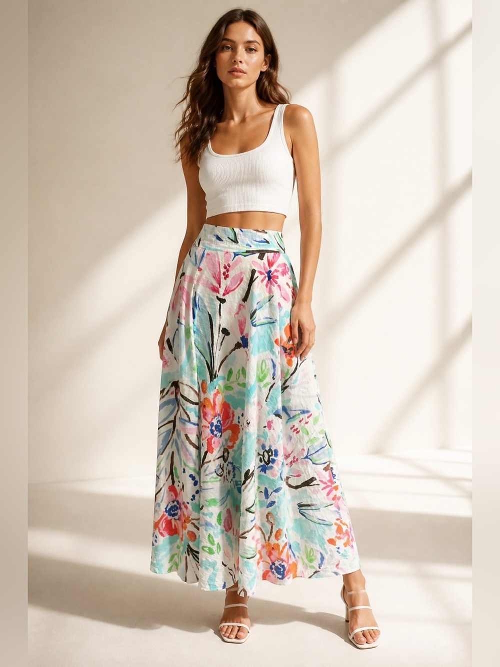 H&M Watercolor Floral High-Waisted Maxi Skirt Summer Skirt